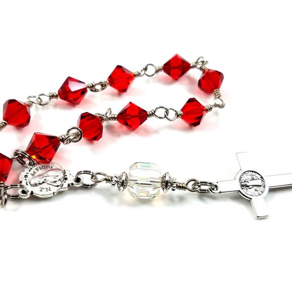 Divine Mercy & Lady Fatima Red One Decade Rosary, Swarovski Crystals - Picture 3 of 10